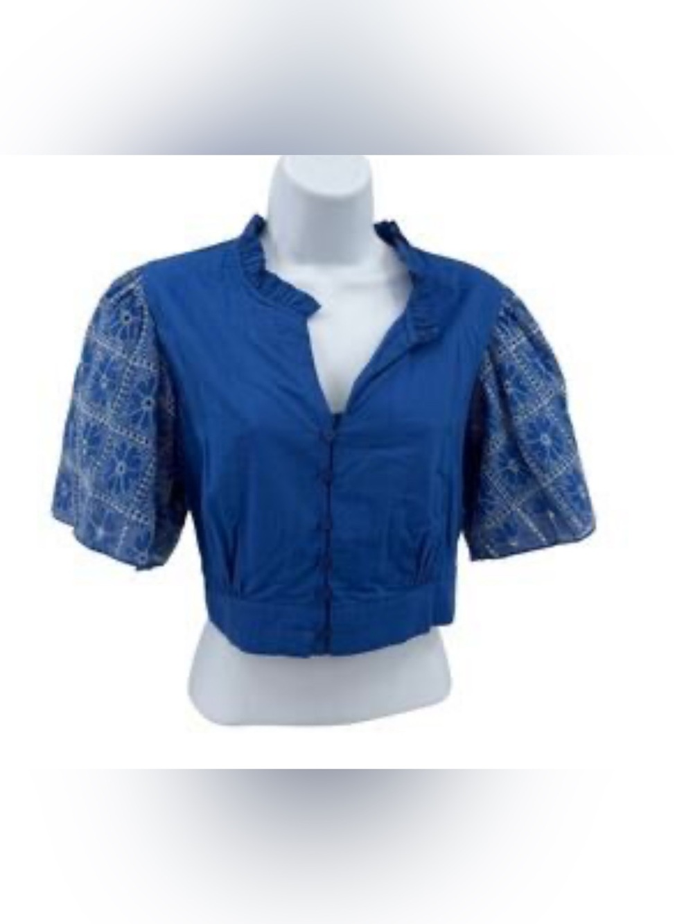 Solitaire Blue Embroidered Eyelet Boho Crop Top, Med